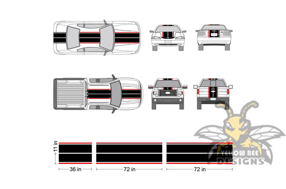 Car or Truck Decals Universal Vinyl Dual Rally Racing Stripes with red