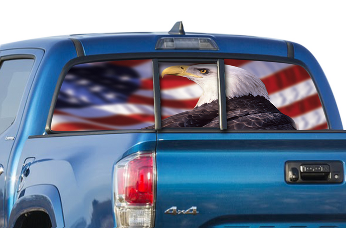 Perforated Eagle Flag USA Rear Window Decal Compatible with Toyota Tacoma