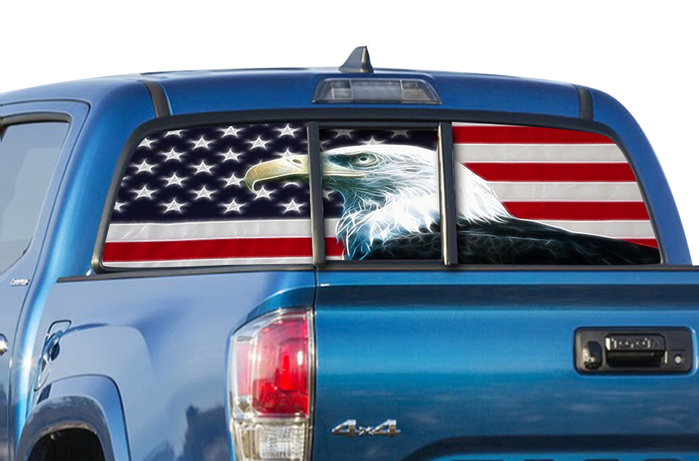 Perforated Eagle USA Flag Rear Window Decal Compatible with Toyota Tacoma