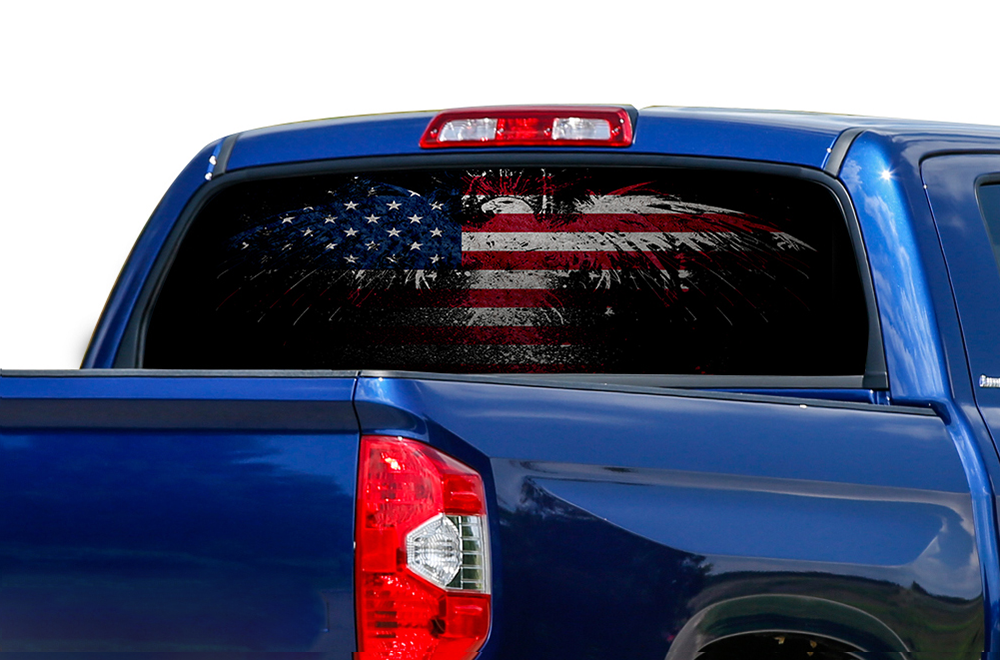 Perforated USA Eagle Flag Rear Window Decal Compatible with Toyota Tundra