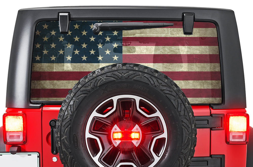 Perforated USA Flag Rear Window Decal Compatible with JK Wrangler