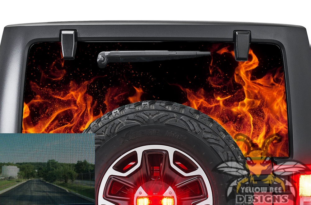 Red Flames Rear Window jk Wrangler Perforated Decals, vinyl