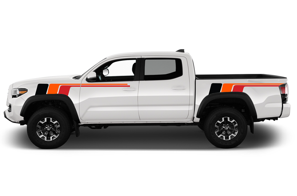 Racing retro vintage stripes (Black, Orange, Red) Compatible with Toyota Tacoma Double Cab
